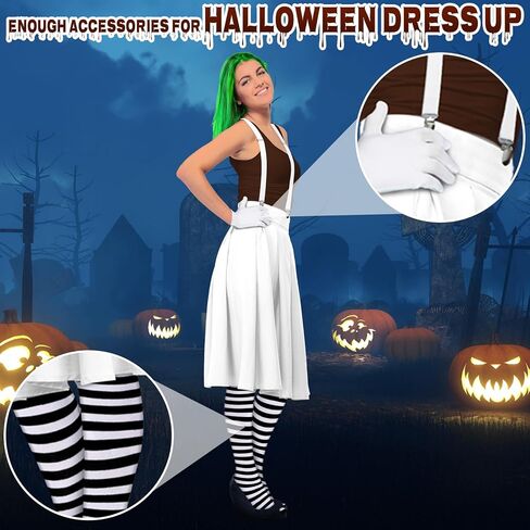 Jiuguva 3 Pcs Halloween Women Chocolate Worker Costume Set Adjustable Elastic Suspenders Braces Striped Thigh High Socks and Parade Costume Gloves for Costume Party Adults in Saudi Arabia