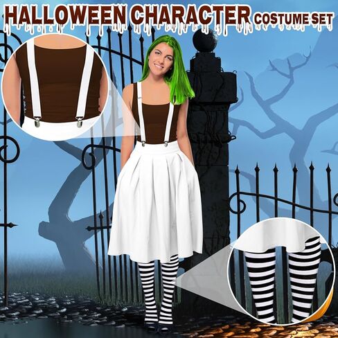 Jiuguva 3 Pcs Halloween Women Chocolate Worker Costume Set Adjustable Elastic Suspenders Braces Striped Thigh High Socks and Parade Costume Gloves for Costume Party Adults in Saudi Arabia