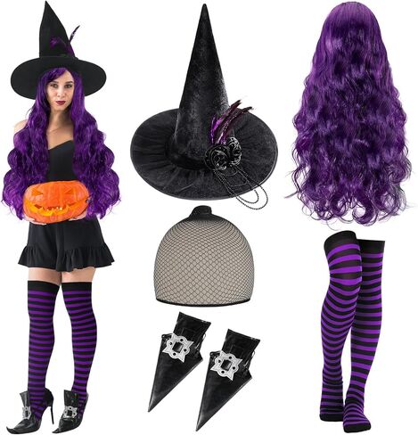 Newcotte 5 Pcs Halloween Witch Costumes for Women Include Witch Hat Dark Purple Cosplay Wig with Cap Witch Shoe Covers Striped Stockings for Adult Women Girl Cosplay Party Accessory in Saudi Arabia