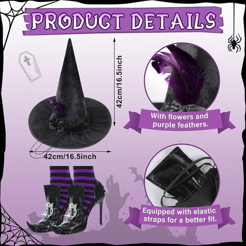 Newcotte 5 Pcs Halloween Witch Costumes for Women Include Witch Hat Dark Purple Cosplay Wig with Cap Witch Shoe Covers Striped Stockings for Adult Women Girl Cosplay Party Accessory in Saudi Arabia