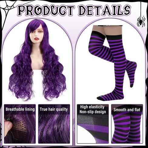 Newcotte 5 Pcs Halloween Witch Costumes for Women Include Witch Hat Dark Purple Cosplay Wig with Cap Witch Shoe Covers Striped Stockings for Adult Women Girl Cosplay Party Accessory in Saudi Arabia