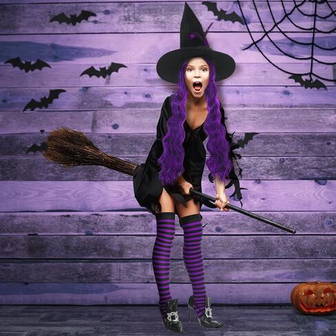 Newcotte 5 Pcs Halloween Witch Costumes for Women Include Witch Hat Dark Purple Cosplay Wig with Cap Witch Shoe Covers Striped Stockings for Adult Women Girl Cosplay Party Accessory in Saudi Arabia