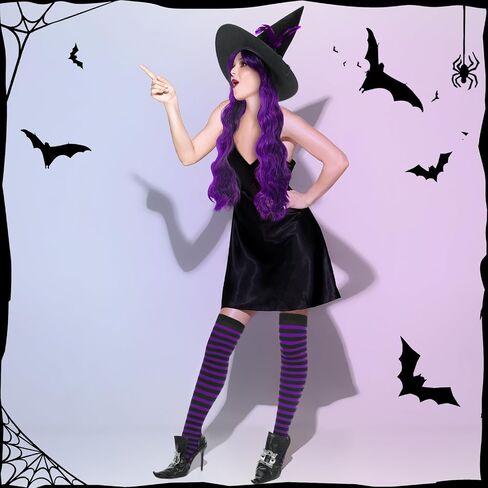 Newcotte 5 Pcs Halloween Witch Costumes for Women Include Witch Hat Dark Purple Cosplay Wig with Cap Witch Shoe Covers Striped Stockings for Adult Women Girl Cosplay Party Accessory in Saudi Arabia