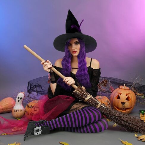 Newcotte 5 Pcs Halloween Witch Costumes for Women Include Witch Hat Dark Purple Cosplay Wig with Cap Witch Shoe Covers Striped Stockings for Adult Women Girl Cosplay Party Accessory in Saudi Arabia
