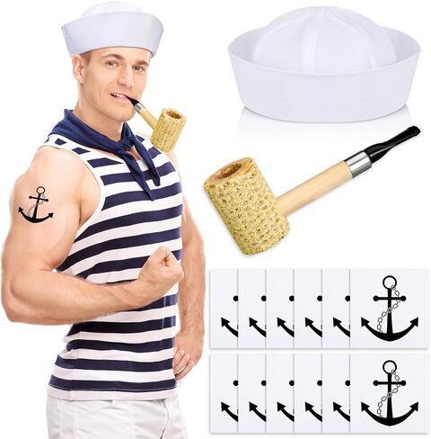 Suhine 12 Pcs Sailor Costume for Man Include Corn Cob Pipe White Sailor Hats Anchor Waterproof Temporary Tattoo Stickers Halloween Accessories for Man Party Cosplay in Saudi Arabia