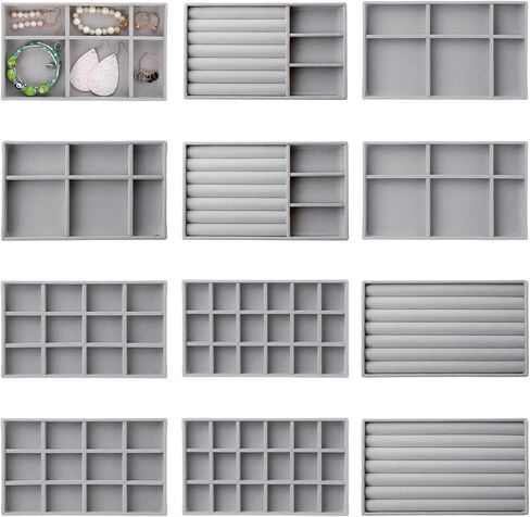 Inbagi 12 Pcs Small Velvet Jewelry Tray Stackable Jewelry Drawers Organizer Trays Insert Divided Storage Display Trays for Earring Ring Necklace Bracelet 8.3 x 5 x 1 Inches, Grey in Saudi Arabia
