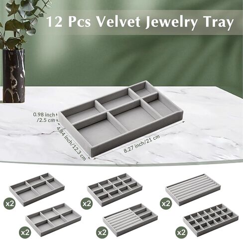 Inbagi 12 Pcs Small Velvet Jewelry Tray Stackable Jewelry Drawers Organizer Trays Insert Divided Storage Display Trays for Earring Ring Necklace Bracelet 8.3 x 5 x 1 Inches, Grey in Saudi Arabia