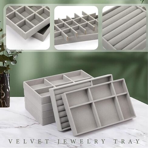 Inbagi 12 Pcs Small Velvet Jewelry Tray Stackable Jewelry Drawers Organizer Trays Insert Divided Storage Display Trays for Earring Ring Necklace Bracelet 8.3 x 5 x 1 Inches, Grey in Saudi Arabia