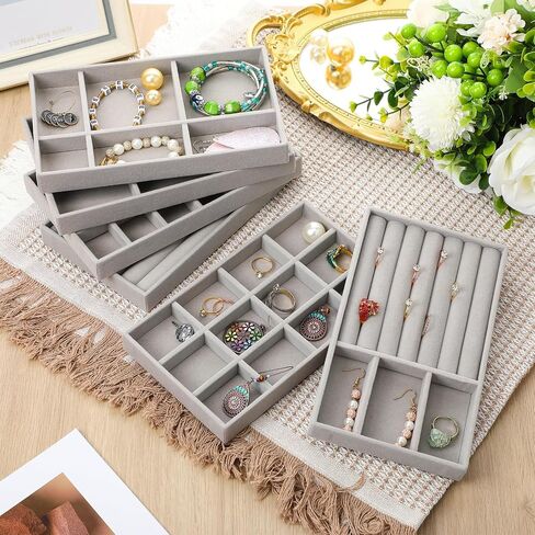 Inbagi 12 Pcs Small Velvet Jewelry Tray Stackable Jewelry Drawers Organizer Trays Insert Divided Storage Display Trays for Earring Ring Necklace Bracelet 8.3 x 5 x 1 Inches, Grey in Saudi Arabia