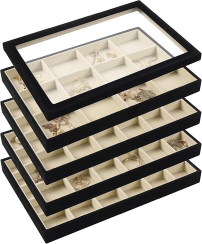 4 عبوات من صواني المجوهرات القابلة للتكديس مع غطاء لعرض المجوهرات، منظم درج خزانة الملابس، صندوق تخزين للخواتم والاقراط والاساور والقلائد والاكسسوارات in Kuwait