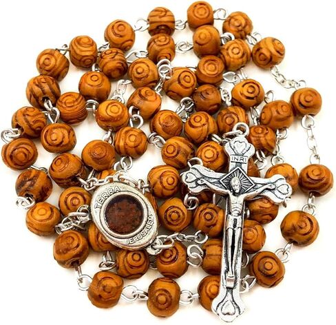 Nazareth Store Olive Wood Rosary Beads Hand Carved Beaded Necklace Jerusalem Holy Soil Centerpiece Medal - Terra Santa Rosaries in Saudi Arabia