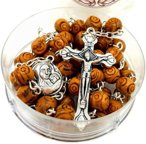Nazareth Store Olive Wood Rosary Beads Hand Carved Beaded Necklace Jerusalem Holy Soil Centerpiece Medal - Terra Santa Rosaries in Saudi Arabia