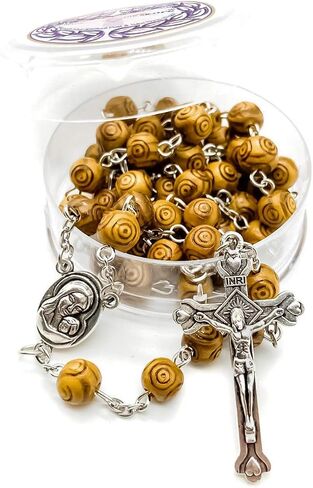 Nazareth Store Olive Wood Rosary Beads Hand Carved Beaded Necklace Jerusalem Holy Soil Centerpiece Medal - Terra Santa Rosaries in Saudi Arabia