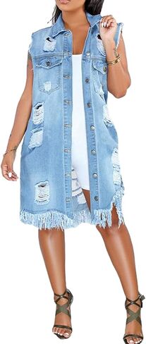 Songling Women's Distressed Ripped Sleeveless Mid Long Denim Jacket Jean Vest Cardigan Coats in Kuwait