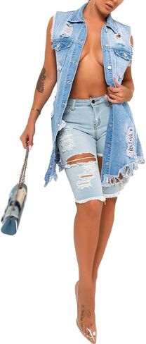 Songling Women's Distressed Ripped Sleeveless Mid Long Denim Jacket Jean Vest Cardigan Coats in Kuwait