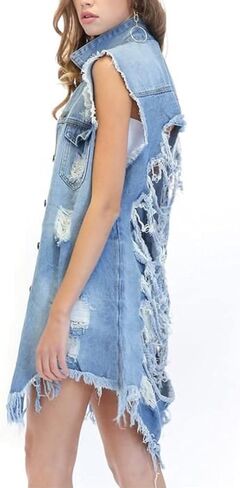 Songling Women's Distressed Ripped Sleeveless Mid Long Denim Jacket Jean Vest Cardigan Coats in Kuwait