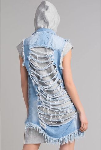 Songling Women's Distressed Ripped Sleeveless Mid Long Denim Jacket Jean Vest Cardigan Coats in Kuwait