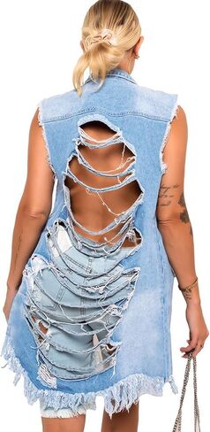 Songling Women's Distressed Ripped Sleeveless Mid Long Denim Jacket Jean Vest Cardigan Coats in Kuwait
