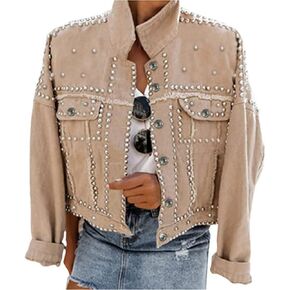 PUWEI Dressy Rivet Studded White Cropped Jean Jacket Women Western Distressed Washed Denim Coat
