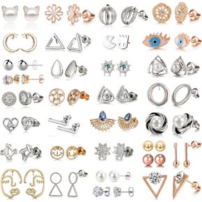 32 Pairs Assorted Stainless Steel Stud Earrings for Teens Girls Women-Cute Animal Faux Pearl Cat Elephant Sun Moon Star CZ Twise Heart Geometric Pattern Small Statement Bar Stud Earring Set