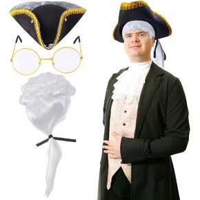 Colonial Costume Dress Up Set Revolutionary War Tricorn Hat Historical Judge Wig