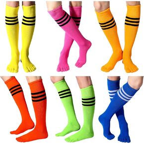 Sureio 6 Pairs Colorful Knee Thigh Toe Socks Toes Separated Cotton Striped Thigh High Neon Socks Running Women Men Socks