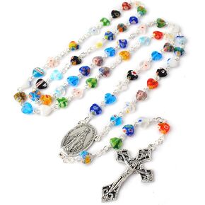 مسبحة كاثوليكية على شكل قلب زجاجي متعدد الألوان 8 مم مع قطعة مركزية معجزة وصليب in Kuwait