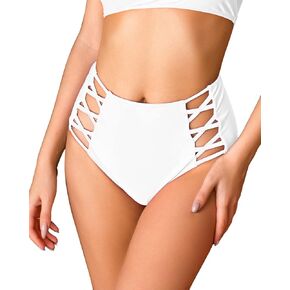 Annbon Strappy High Waisted Bikini Bottoms Tummy Control Bathing Suit Swimsuit Rave Bottoms for Women Full Coverage