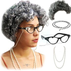 Vibe Old Lady wig Costume Set, Gray Hair Granny Wig with pearl necklace, glasses, glass chain Accessories, 5 pieces total
