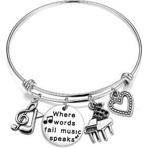 ENSIANTH Music Gift Where Words Fail Music Speaks Expandable Music Charm Bangle Music Lovers Jewelry