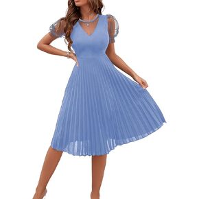 WDIRARA Women's Mesh Sheer Puff Sleeve High Rise Elegant Solid Pleated Midi Dress