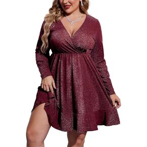 IN'VOLAND Plus Size Womens Glitter Dress V Neck Long Sleeve Ruffle Hem Swing Club Cocktail Party Dresses