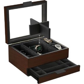 CASE ELEGANCE 8 Slot Watch Box Case Organizer for Men, Black Finish, Watch Display Case, Modular Valet Tray, Apple Watch Compatible with Apple Watch Stand, Accessory Drawer, Pillow Stands