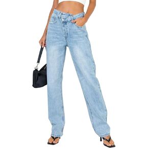 PLNOTME Women's High Waisted Baggy Jeans Straight Leg Boyfriend Crossover Casual Denim Pants