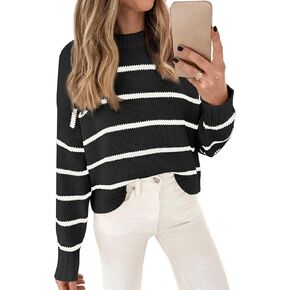 LILLUSORY Womens Striped Sweater Pullover Crewneck Knit Long Sleeve Cable Knitted Sweaters
