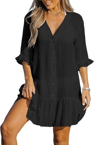 CUPSHE Women's V Neck Ruffled Cover Up Button Down Bathing Suit Beach Dress with Short Sleeves in Kuwait