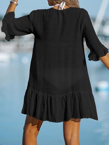 CUPSHE Women's V Neck Ruffled Cover Up Button Down Bathing Suit Beach Dress with Short Sleeves in Kuwait