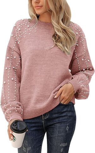 Blooming Jelly المرأة سترة مكتنزة Crewneck البلوز متماسكة فانوس كم كنزة بمقاس كبير سترة مع اللؤلؤ in Kuwait