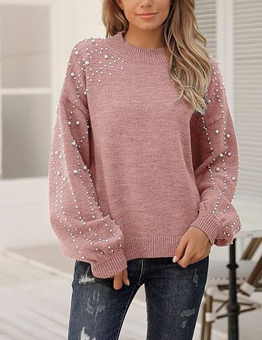Blooming Jelly المرأة سترة مكتنزة Crewneck البلوز متماسكة فانوس كم كنزة بمقاس كبير سترة مع اللؤلؤ in Kuwait