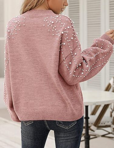 Blooming Jelly المرأة سترة مكتنزة Crewneck البلوز متماسكة فانوس كم كنزة بمقاس كبير سترة مع اللؤلؤ in Kuwait
