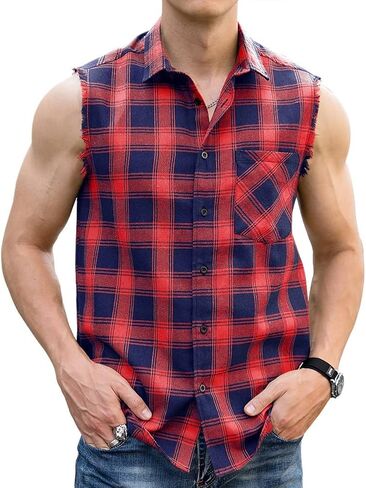 LOGEEYAR Men's Sleeveless Shirt Plaid Flannel Shirt, Button Down Casual Shirts Vest Shirt in Kuwait