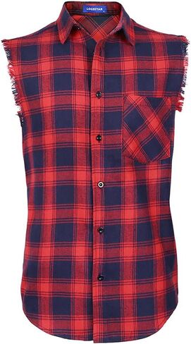 LOGEEYAR Men's Sleeveless Shirt Plaid Flannel Shirt, Button Down Casual Shirts Vest Shirt in Kuwait