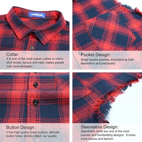 LOGEEYAR Men's Sleeveless Shirt Plaid Flannel Shirt, Button Down Casual Shirts Vest Shirt in Kuwait
