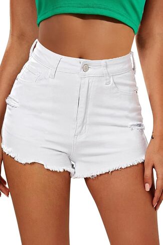 HOCAIES Women's Juniors Jean Shorts Frayed Raw Hem High Waisted Ripped Denim Shorts for Women in Kuwait