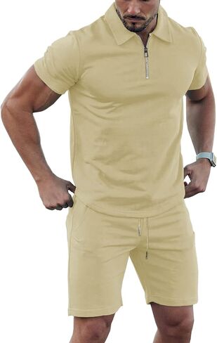 URRU Mens Short Sleeve Casual Polo Shirt and Shorts Sets Two Piece Summer Outfits Zip Polo Tracksuit Set for Men S-XXL in Kuwait