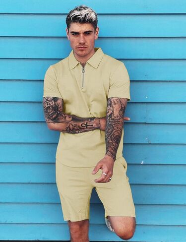 URRU Mens Short Sleeve Casual Polo Shirt and Shorts Sets Two Piece Summer Outfits Zip Polo Tracksuit Set for Men S-XXL in Kuwait