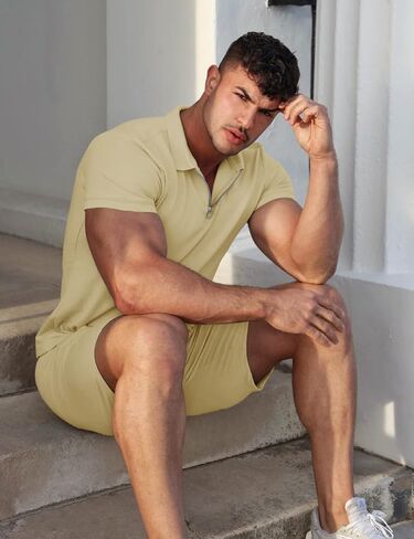 URRU Mens Short Sleeve Casual Polo Shirt and Shorts Sets Two Piece Summer Outfits Zip Polo Tracksuit Set for Men S-XXL in Kuwait