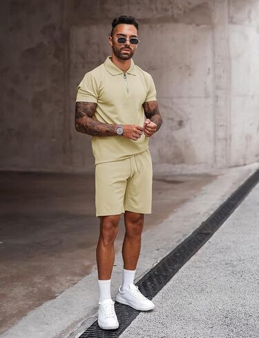 URRU Mens Short Sleeve Casual Polo Shirt and Shorts Sets Two Piece Summer Outfits Zip Polo Tracksuit Set for Men S-XXL in Kuwait