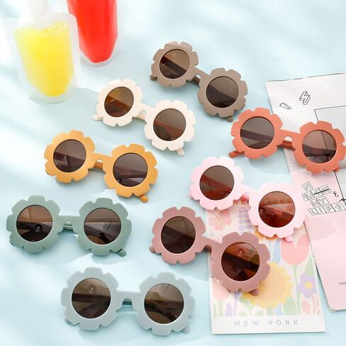 دراجون فلاي دريمز 8 قطع نظارات شمسية دائرية بتصميم زهور للبنات والبنات، نظارات شمسية ملونة للاطفال، نظارات شمسية عصرية للحماية من الاشعة فوق البنفسجية 400، اطار مرن للاطفال الصغار البنات والاولاد in Kuwait