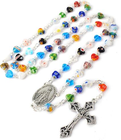 مسبحة كاثوليكية على شكل قلب زجاجي متعدد الألوان 8 مم مع قطعة مركزية معجزة وصليب in Kuwait